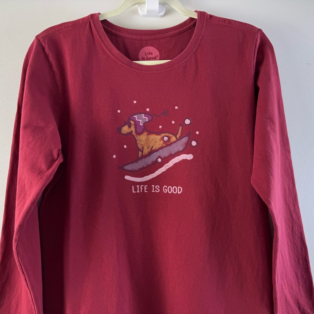 Life is Good Crusher Tee Dog Sled Winter Snow Medium Classic Long Sleeve Red - Picture 2 of 11